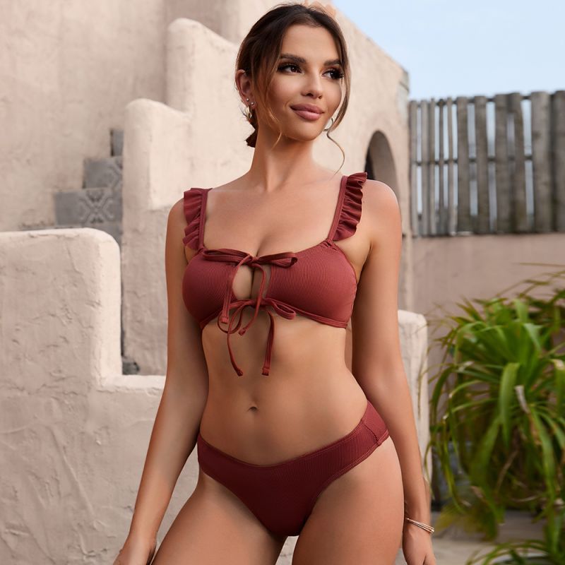 Bikini Solid Color Ruffles Swimsuit with Shoulder Straps Cutout Lace up Split Swimsuit Bella Mia