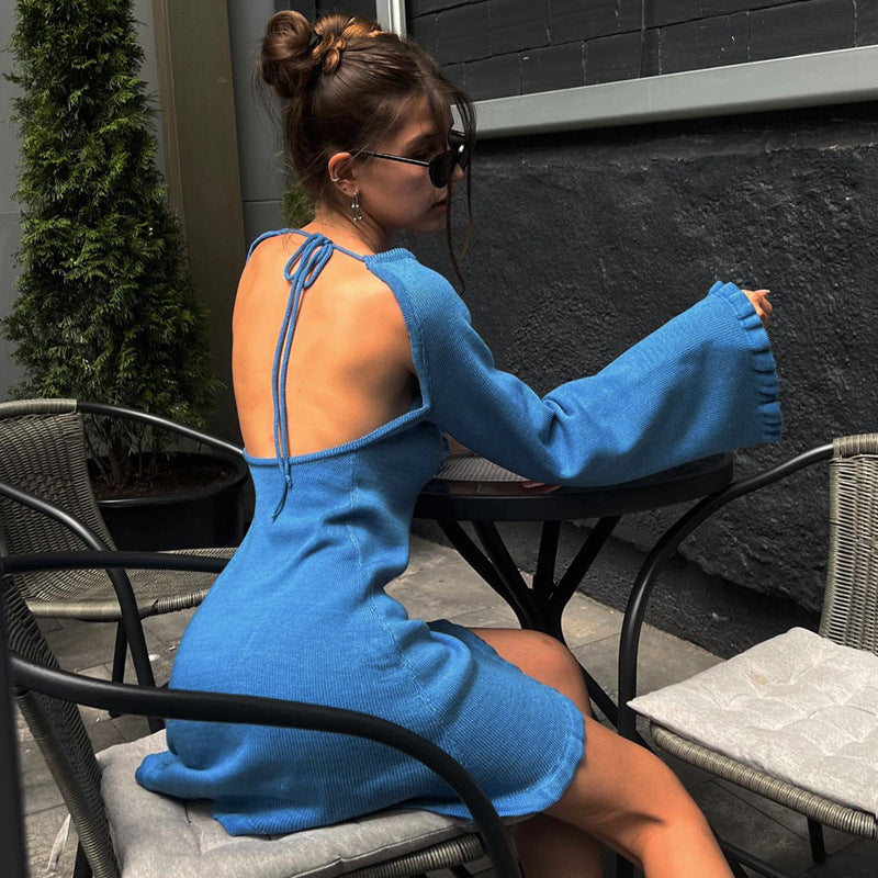 Woolen Sexy Tether Backless Dress Winter Horn Long Sleeve Solid Color Short Dress Bella Mia