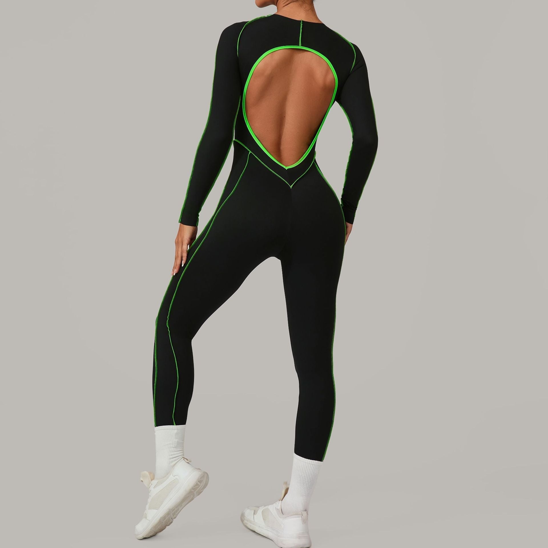 Three Dimensional Cut Color Matching Long Sleeve Yoga Jumpsuit High Strength Fitness Sports One Piece Tights Bella Mia