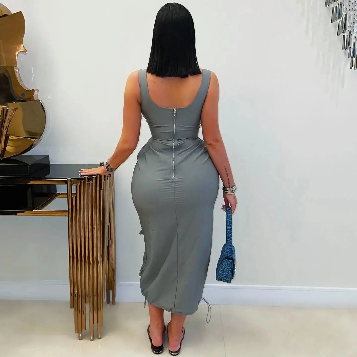 Women Elegant Sleeveless Maxi Bodycon Dress With Large Pockets And Square Neck Bella Mia