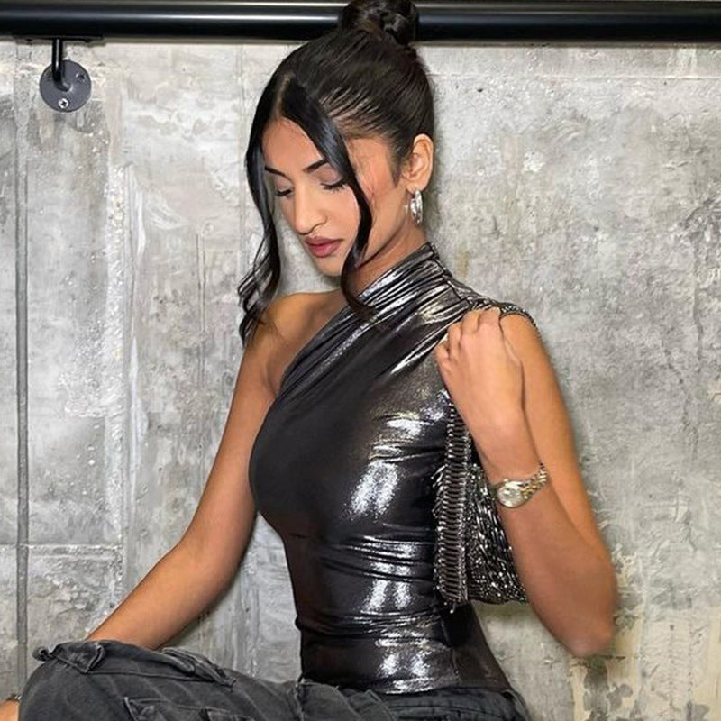 Women Clothing Summer Sexy Imitation Faux Leather Slim Sleeveless Jumpsuit Bella Mia