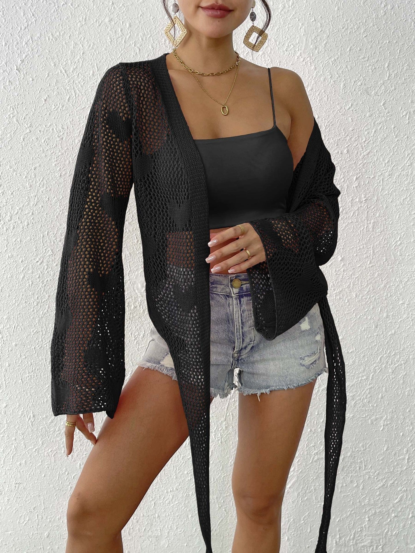 Women Cardigan Clothing Spring Summer Lace up Bow Bell Sleeve Mechanism Shirt Beach Cover Up