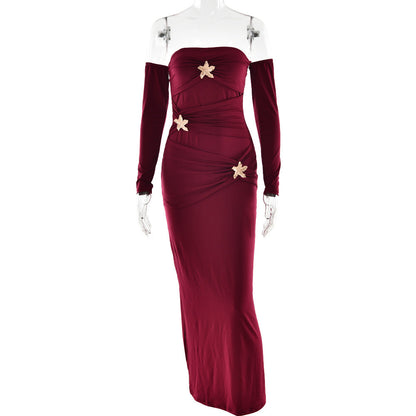 Pleated Long Sleeved Women Dress Fashionable Sexy Sheath Slim Fit Dress