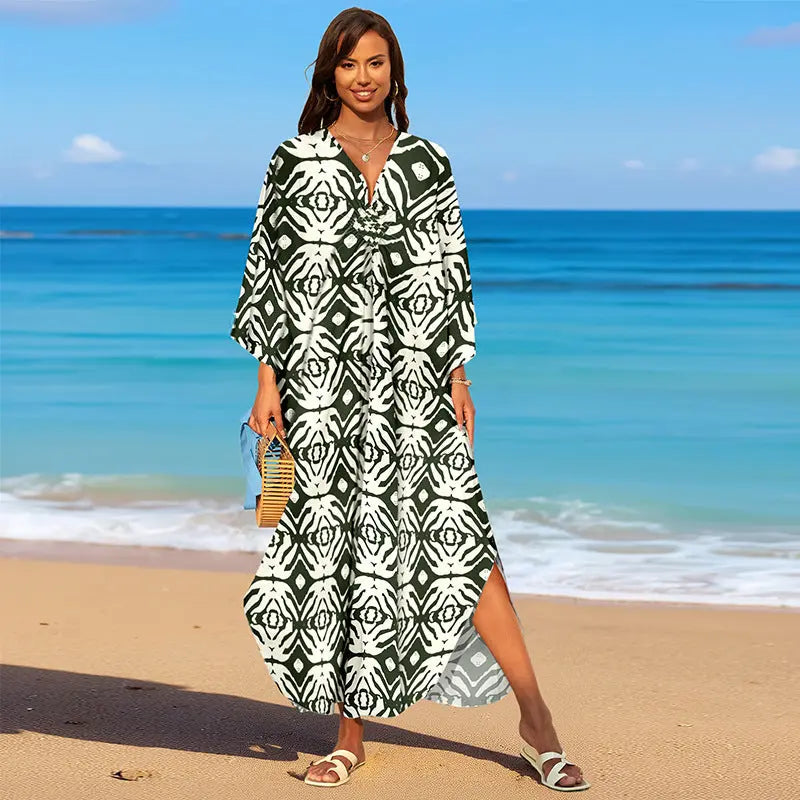 Rayon Print Holiday Beach Dress Women Sun Protective Clothing Loose Robe Beach Cover Up Bella Mia