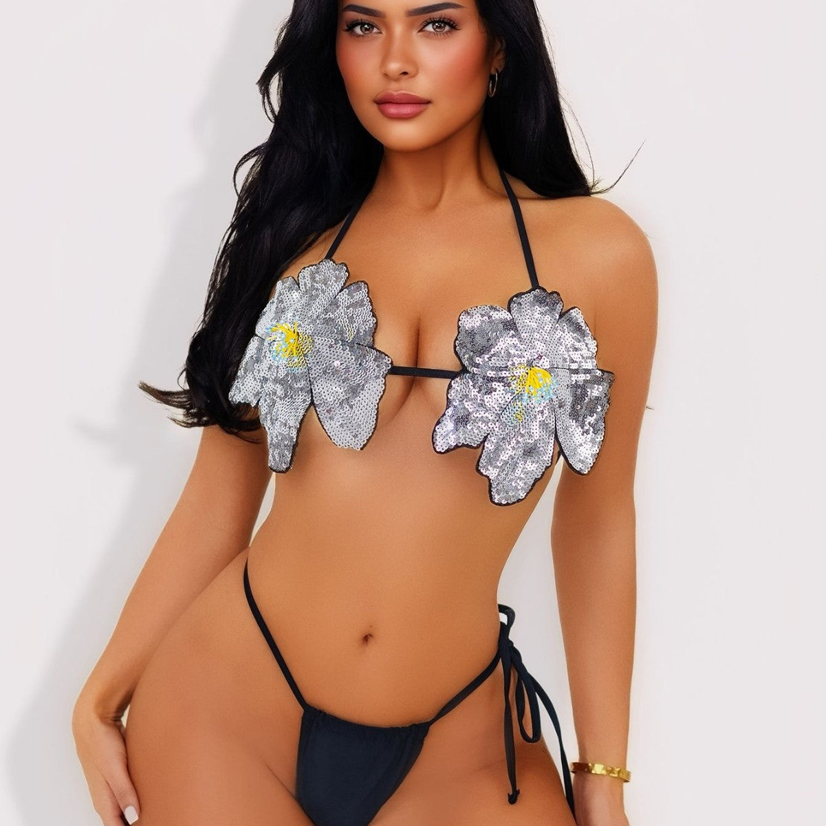 Sequined White Floral Halter Bikini Three Point Split Swimsuit Strap Sexy Swimsuit Women Bella Mia