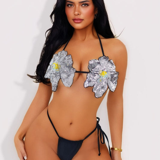 Sequined White Floral Halter Bikini Three Point Split Swimsuit Strap Sexy Swimsuit Women Bella Mia