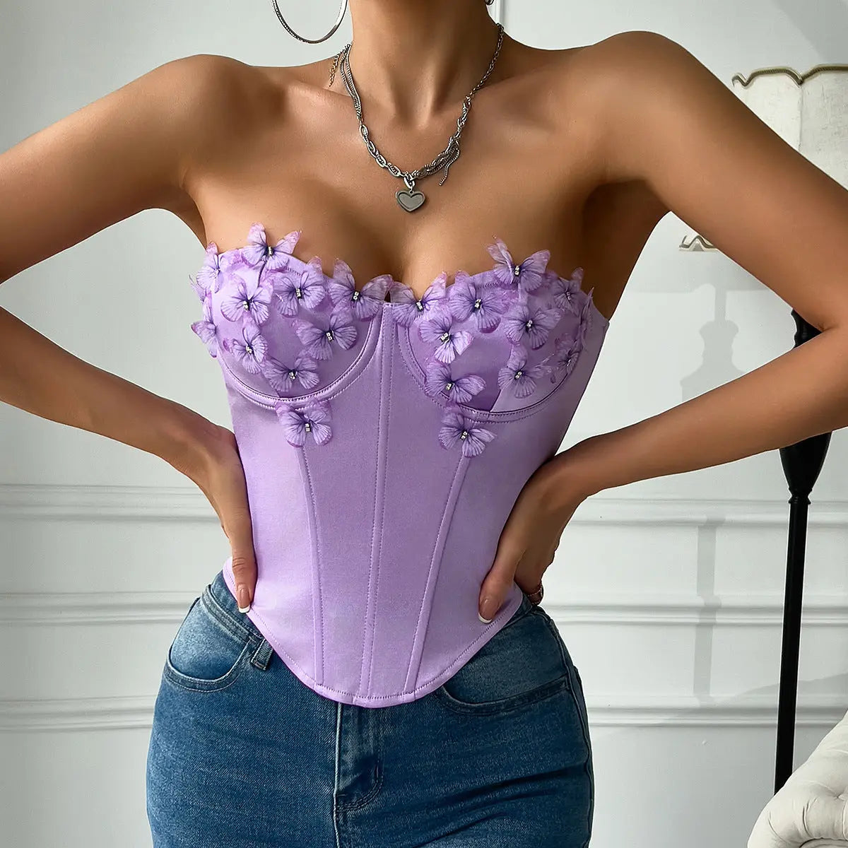 Sexy Low Cut Satin Butterfly Tube Top Diamond Steel Ring Boning Corset Top Bella Mia