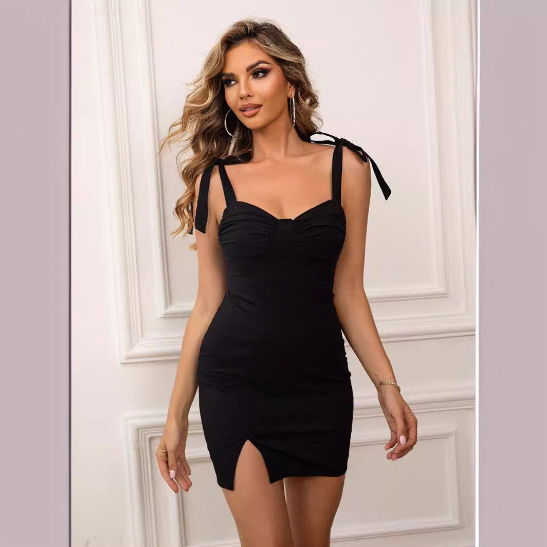 French Hepburn V Neck Strap Dress Summer Retro Split Waist Slimming Short Dress Women Clothing Bella Mia