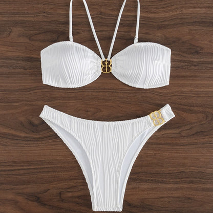 Bikini Metal Buckle Swimwear Women Word Buckle Split Swimsuit with Chest Pad