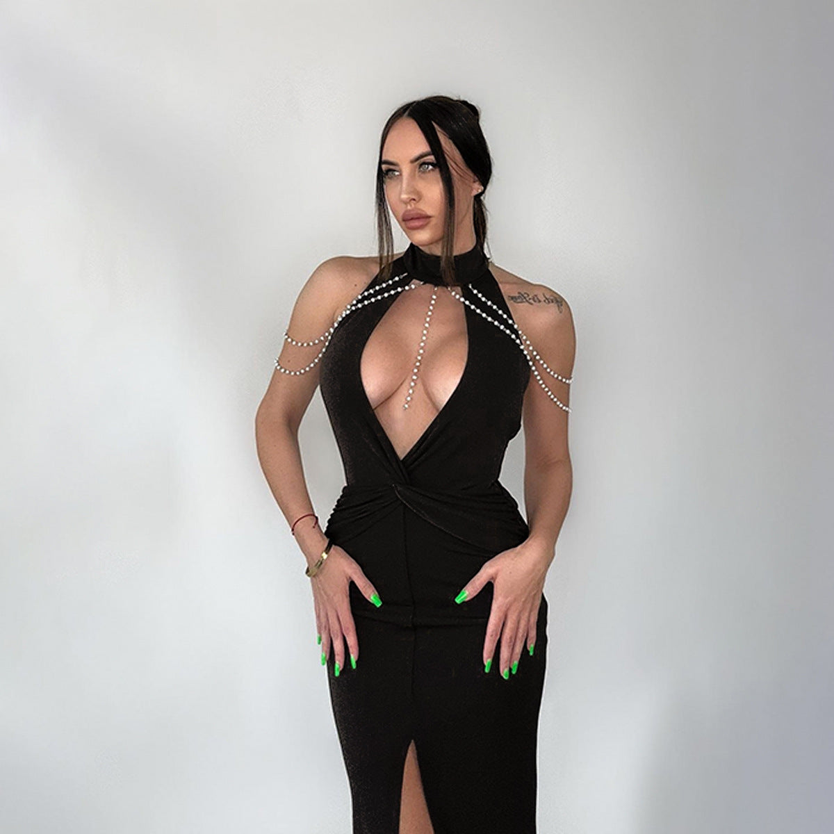 Women Clothing Spring Sexy Cutout Show Chest Backless Fold Split Dress Bella Mia