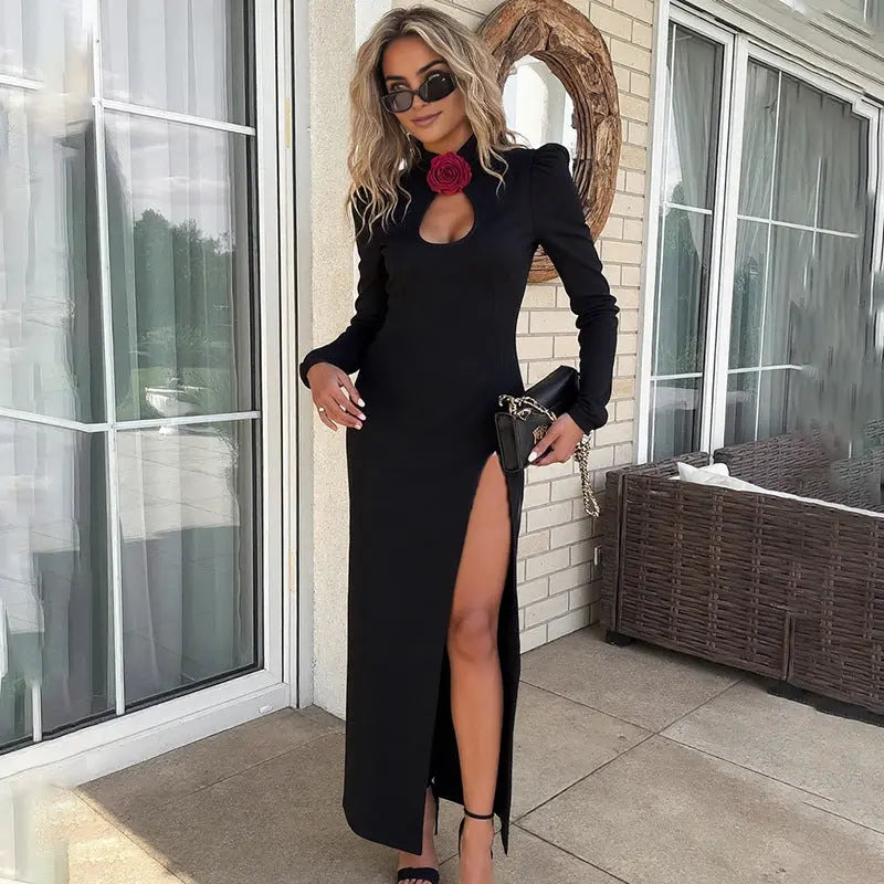 Elegant Sexy Slim Fit Cutout Dress With Stand Collar High Slit Long Sleeve Maxi Bella Mia