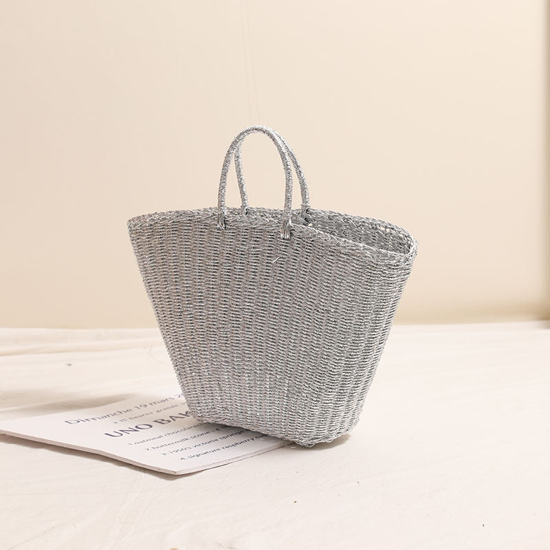 Silver Portable Straw Weaved Bag Metal Sense Large Capacity Hand Carrying Woven Bag Women Seaside Vacation Beach Bag Bella Mia
