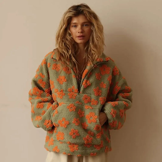 Women Polar Fleece Floral Autumn Winter Sweater Warm Furry Fleece Pullover Bella Mia