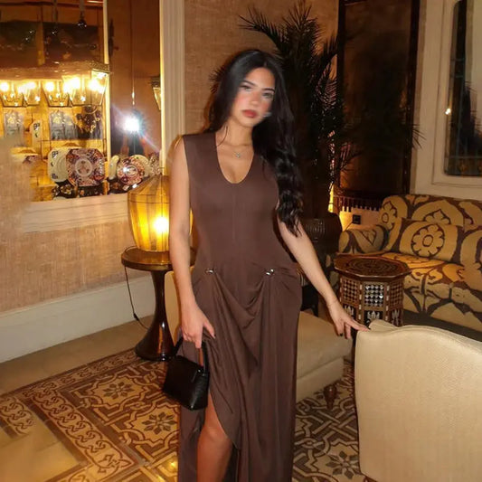 Sexy Sleeveless Dress Summer U Collar Fitted Waist Pleated Design Solid Color Dress Women Bella Mia