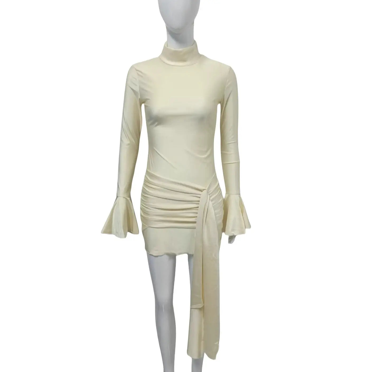 Women Clothing Solid Color Hip Dress Half Turtleneck Bell Sleeve Sexy Tight Dress Bella Mia