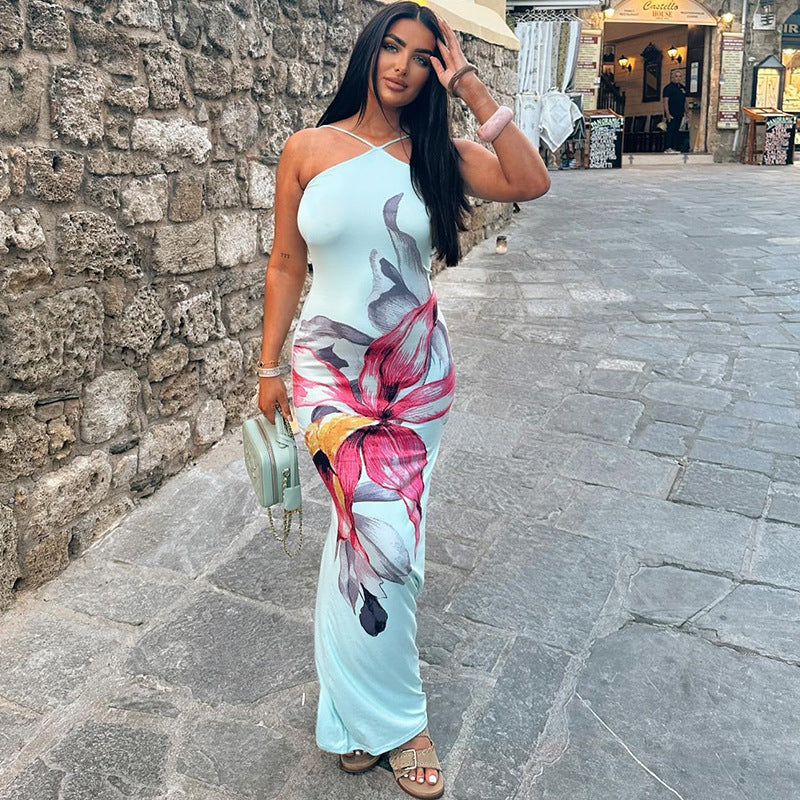 Women Clothing Printing Dress Sexy Halter Sleeveless Casual Vacation Trendy Dress Bella Mia