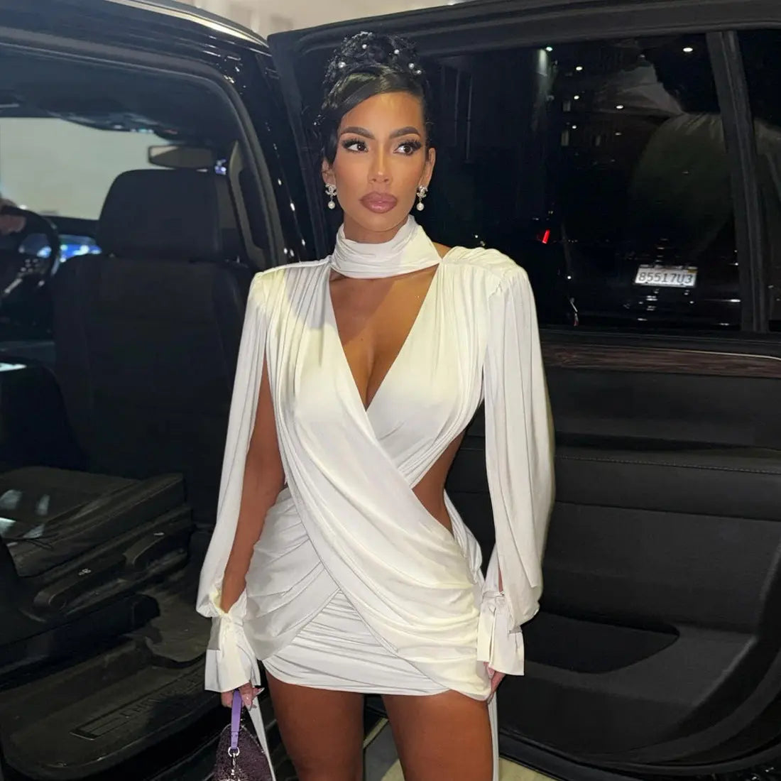 Autumn Winter Women Solid Color Sexy Hollow Out Cutout Long Sleeved Deep V Plunge neck Cross Stitching Hip Dress Bella Mia