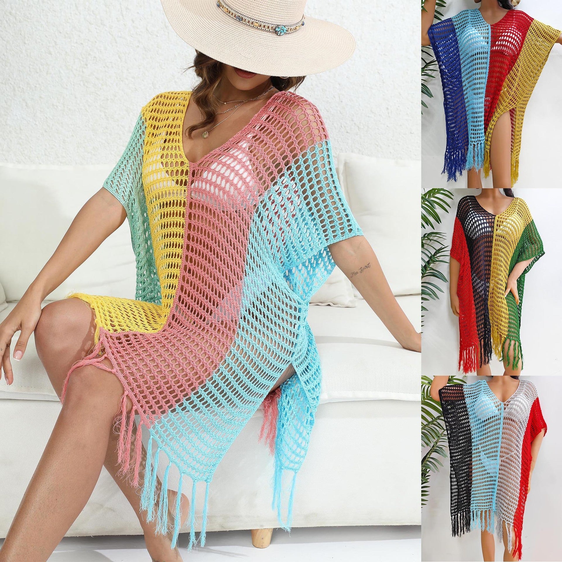 Women Beach Vacation Beach Cover Up Women Clothing Contrast Color Hollow Out Cutout Woven Shirt Sexy Dress Bella Mia