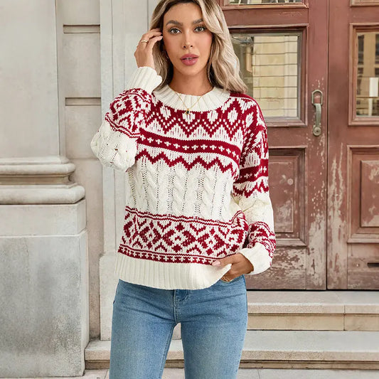 Autumn Winter Ethnic Retro Crew Neck Thermal Jacquard Casual Sweater For Women Bella Mia