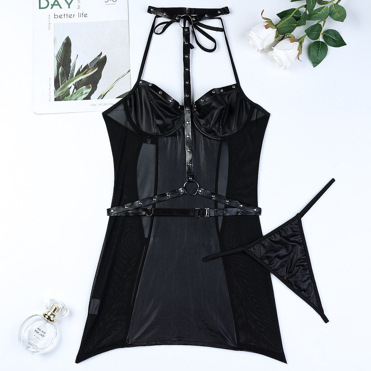 Black Micro Elastic Soft Leather Non Faux Leather Patent Leather Motorcycle Metal Nail Halter Waist Tight Hip Skirt Two Piece Set Bella Mia