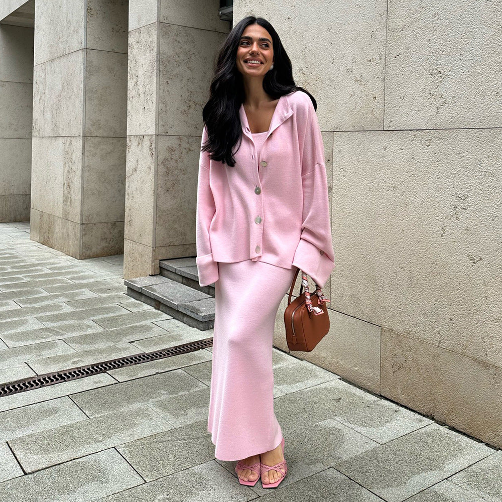 Knitted Long Sleeve Cardigan Camisole Skirt Set Women Autumn Winter Sweater Three Piece Set Bella Mia