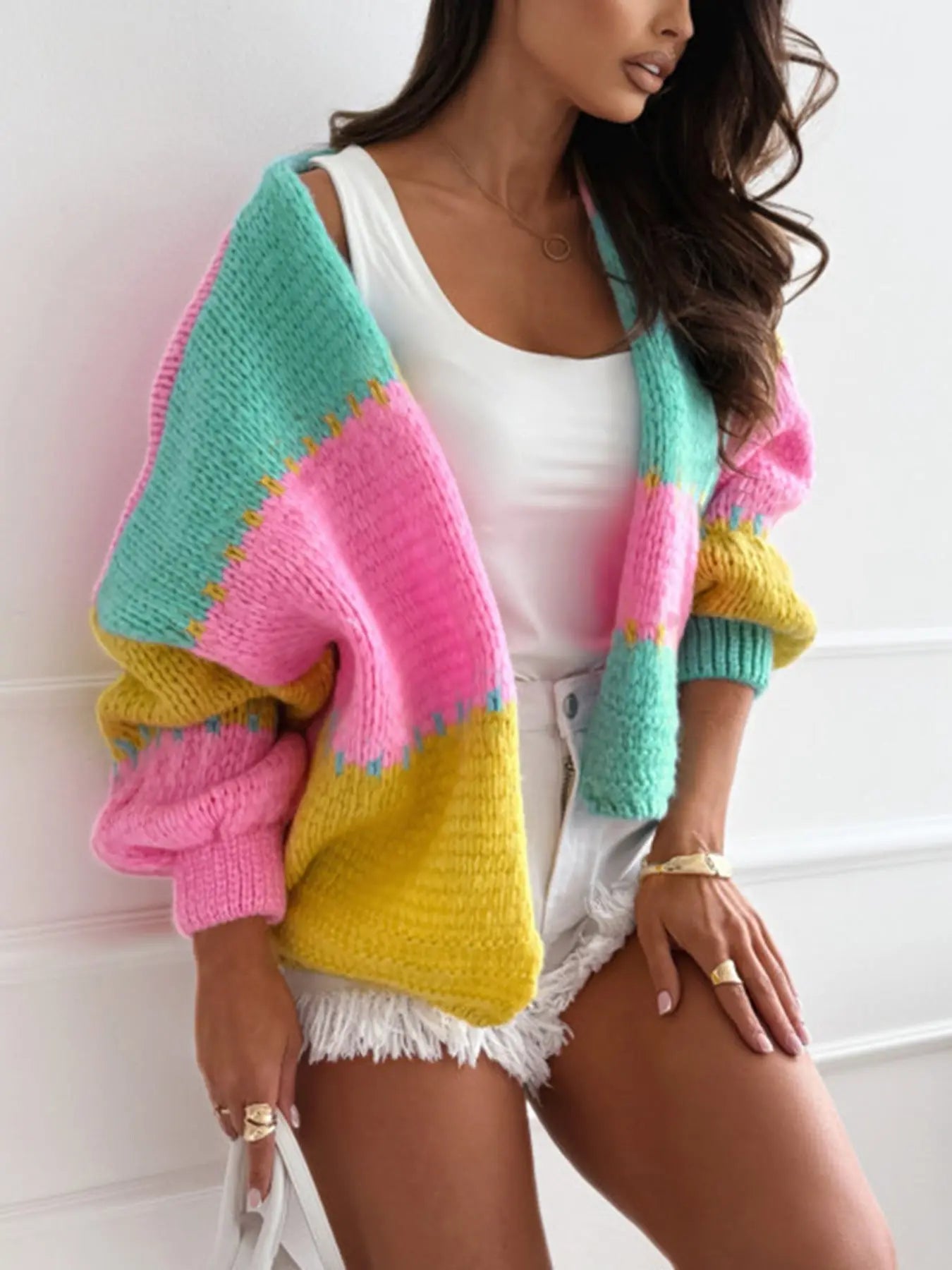 Color Contrast Patchwork Sweater Cardigan Women Autumn Winter Lazy Wind Loose Sweater Coat Bella Mia