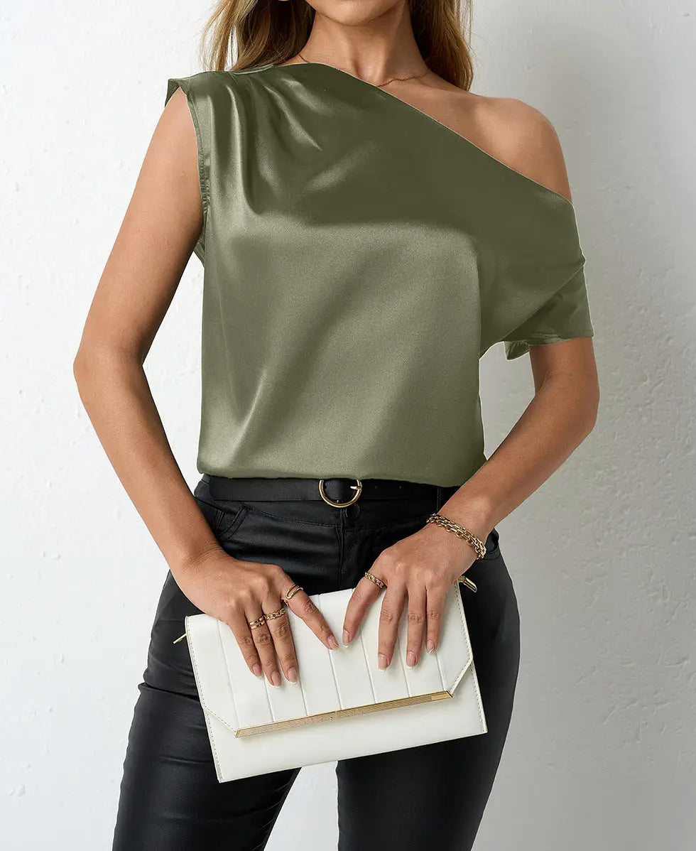 Women Clothing Spring Summer Satin Shirt Artificial Silk Irregular Asymmetric Shoulder off Shoulder Sleeveless Top Bella Mia