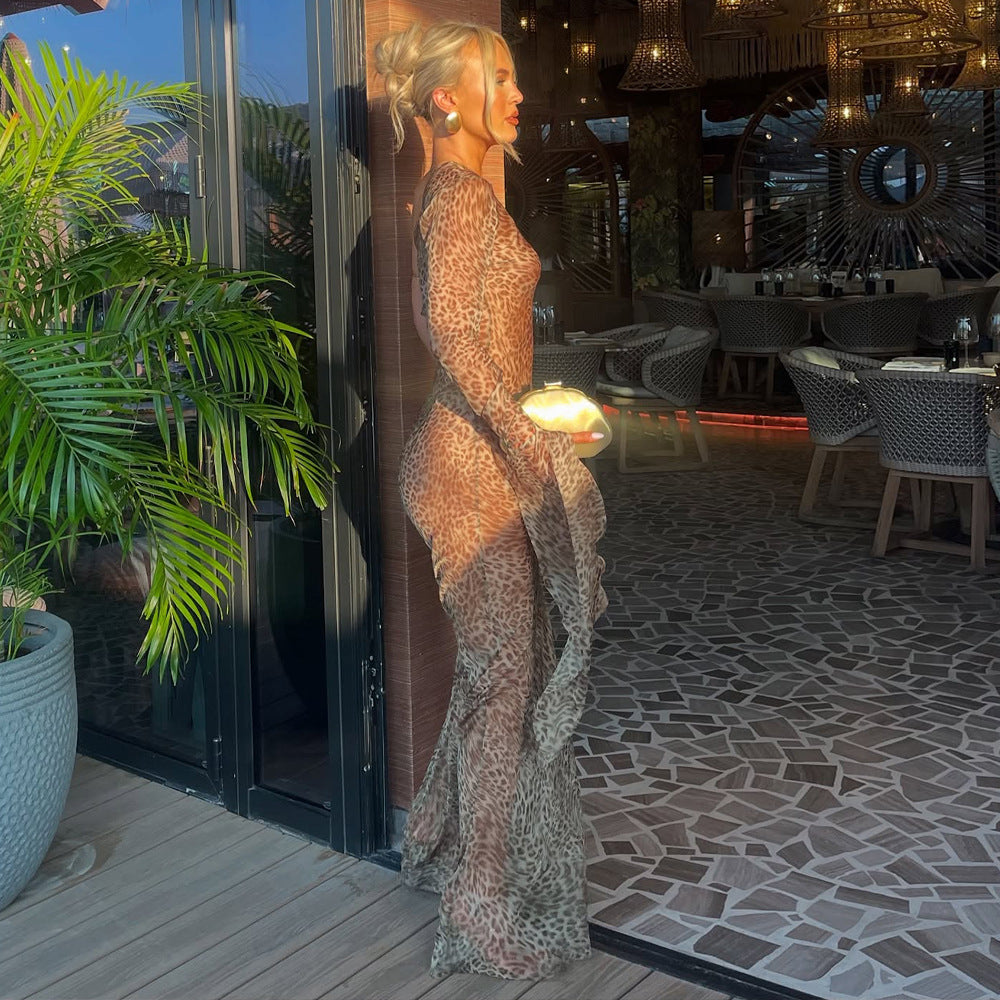 Summer Leopard Print Dress Sexy See through Shoulder Single Sleeve Slim Fit Sexy Dress Bella Mia
