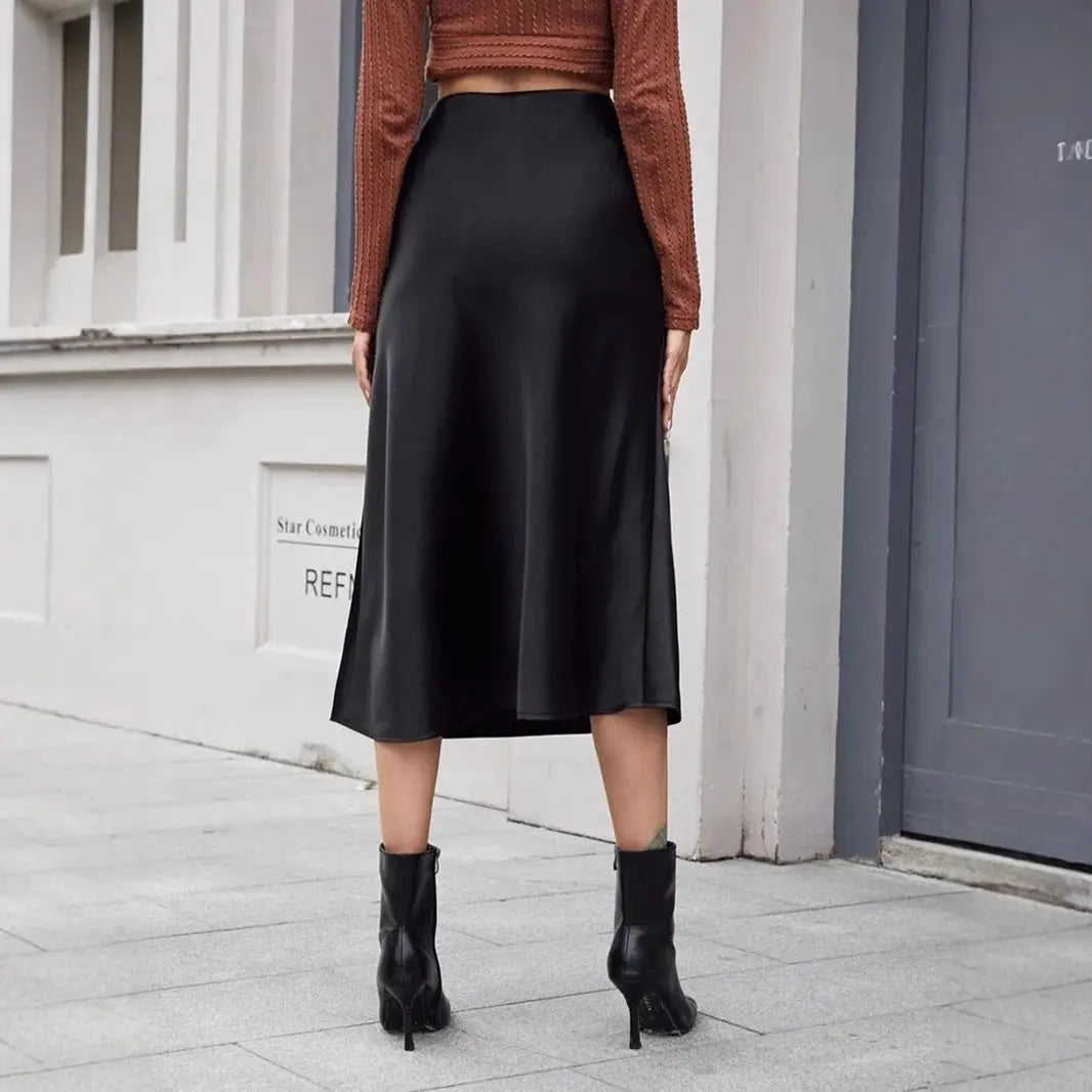 High Waist Satin Midi Skirt With Zipper A Line Regular Fit Women Bella Mia