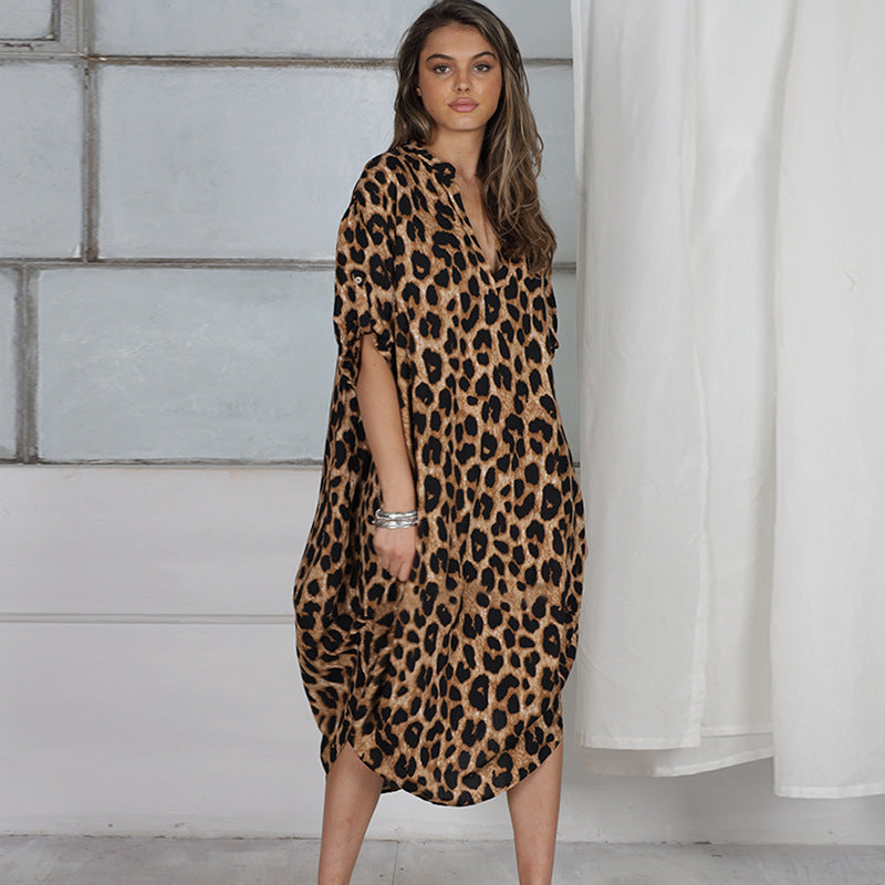 Rayon Stand Collar Leopard Dot Robe Seaside Vacation Dress Loose Bikini Swimsuit Blouse Outer Wear Women Bella Mia
