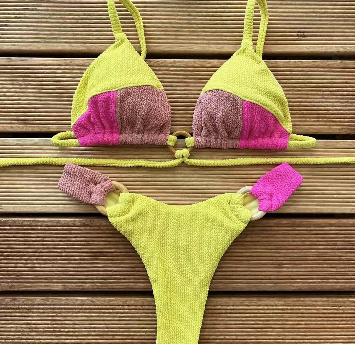 Rib Fabric Stitching Solid Color Bikini Sexy Backless Split Swimsuit Nylon Bikini Bella Mia