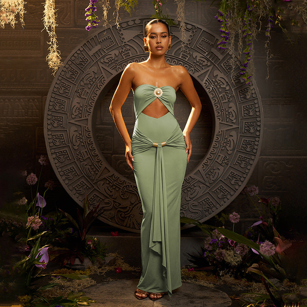 Summer Sexy Package Hip Maxi Dress Sexy Tube Top Solid Color Pleated Dress Bella Mia