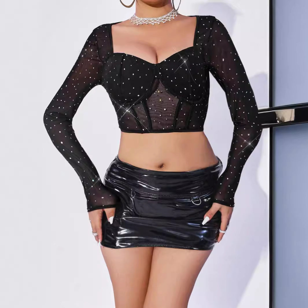 Sexy See Through Dress Nightclub Steel Ring Boning Corset Mesh Sequined Square Collar Sexy Long Sleeve Top Bella Mia