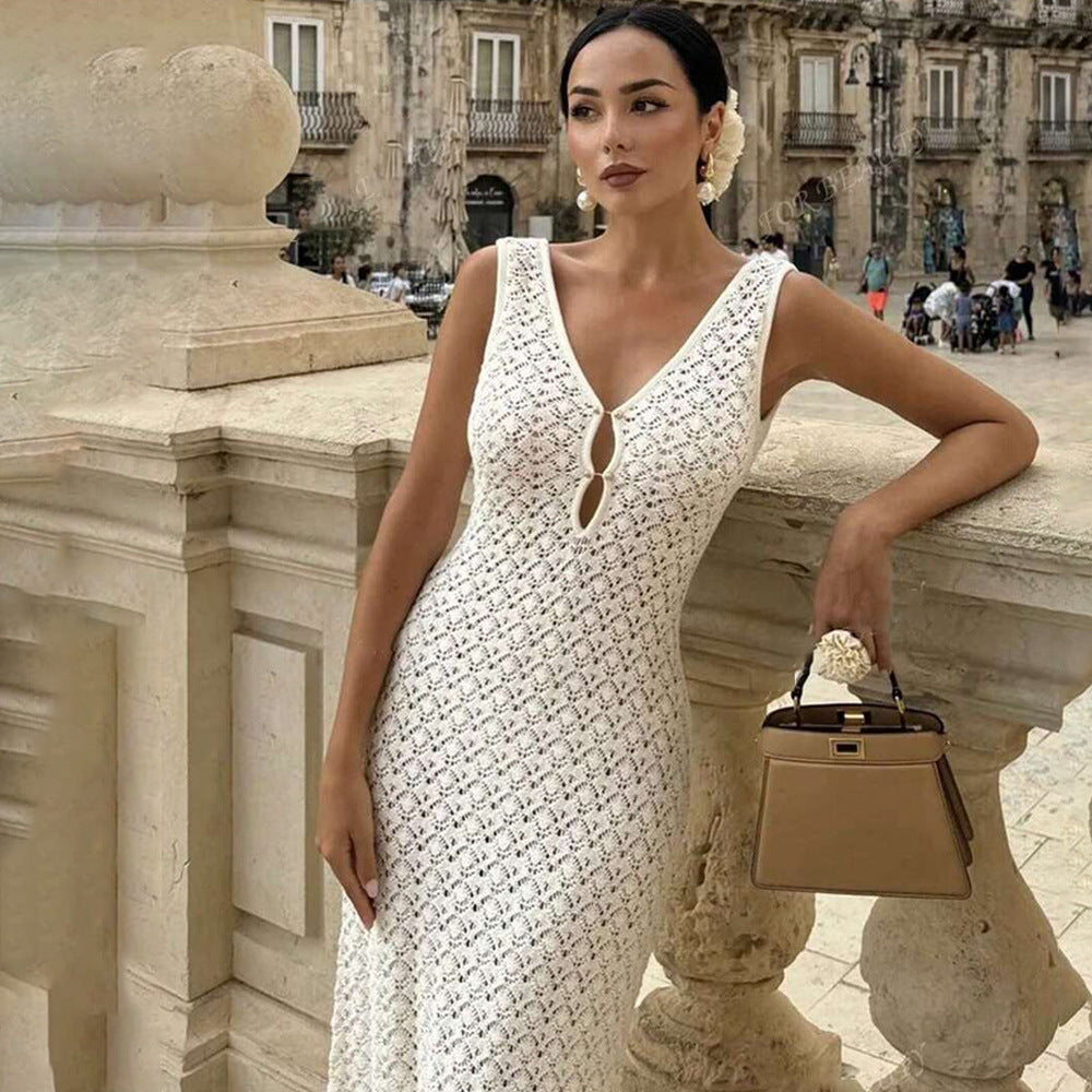 Summer Dress Sexy Sleeveless Hollow Out Cutout Knitted Beach Dress Backless High Grade Women Bella Mia