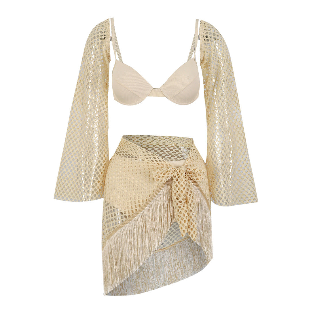 Small Sunken Stripe Solid Color Three Point Bikini Skirt Split Swimsuit Set Bella Mia