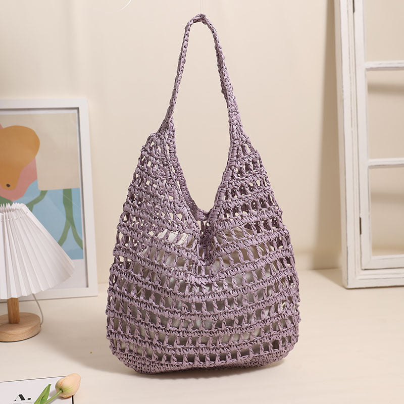 French Large Capacity Shoulder Straw Bag Hollow Out Cutout Tote Portable Straw Bag Woven Bag Seaside Vacation Beach Bag Bella Mia