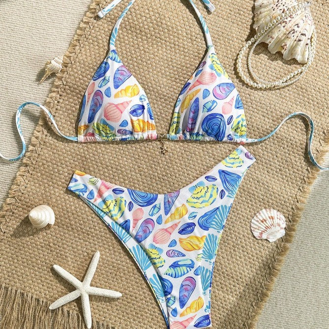 Ladies Sexy Fresh Ocean Print Halter Lace up Triangle Split Swimsuit Bella Mia