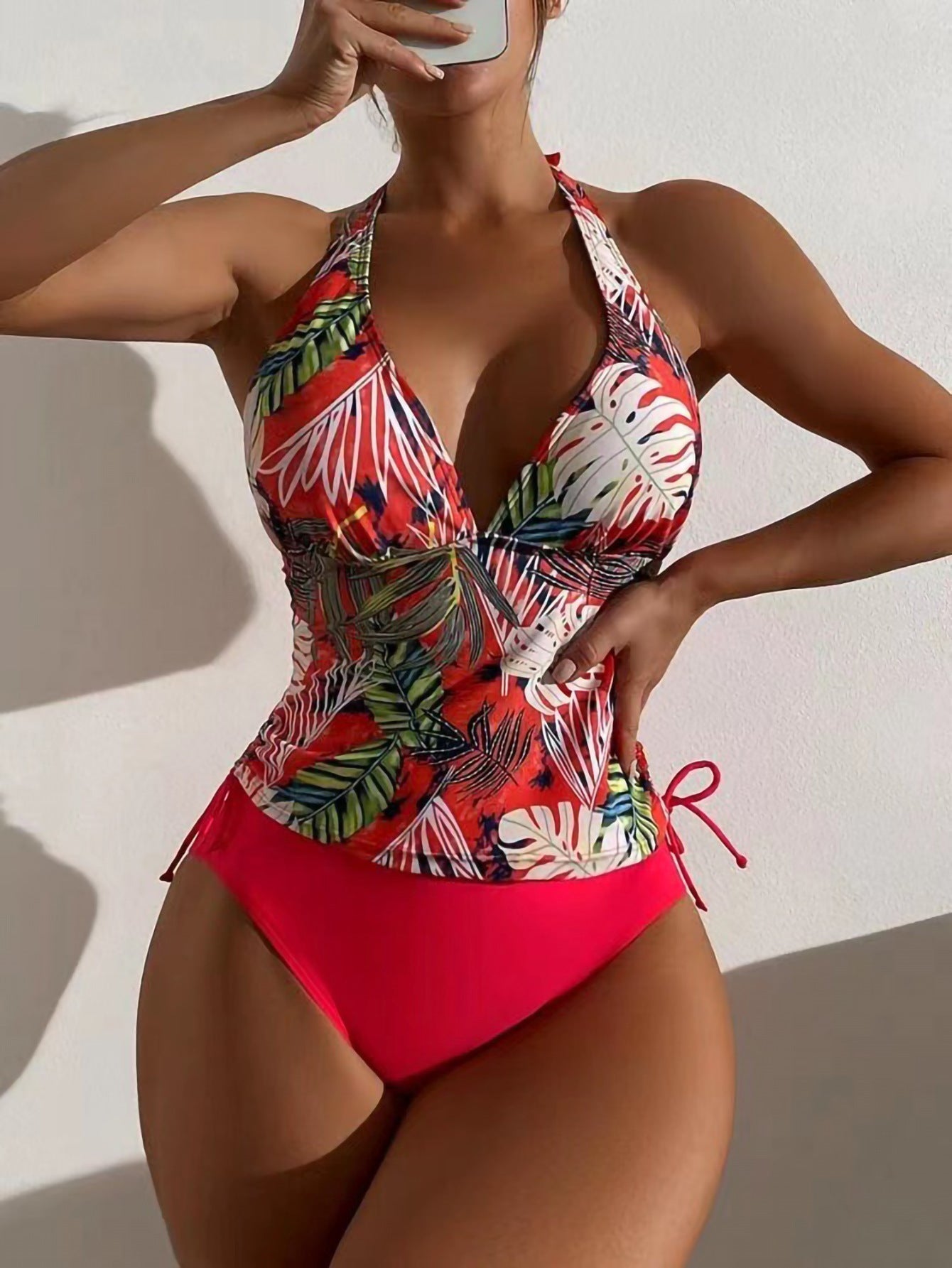 Swimsuit Women Split Triangle Lace up Solid Color Leaves Printed Bikini Swimsuit Bella Mia