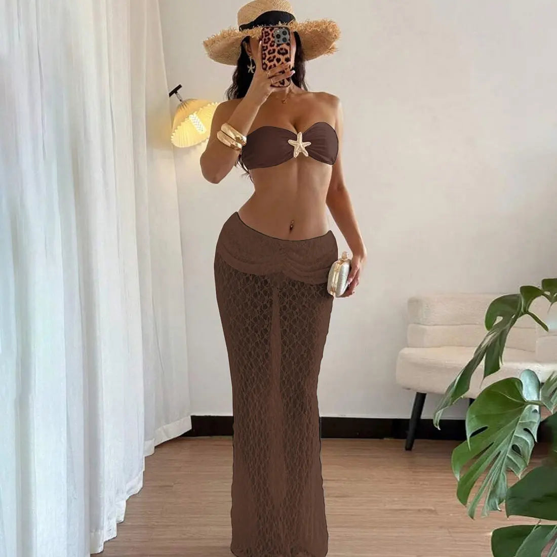 Summer Women Clothing Solid Color Sexy Lace up Tube Top Lace Maxi Skirt Two Piece Set for Women Bella Mia