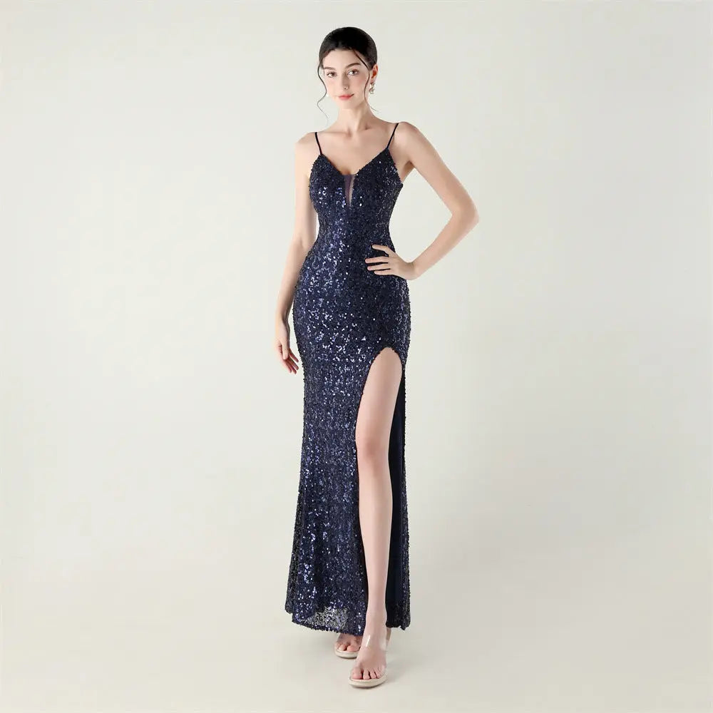 Bead Tube Sequin Spaghetti Strap High Slit Evening Dress Cross Tied Slim Fit Slimming Dinner Social Women Bella Mia
