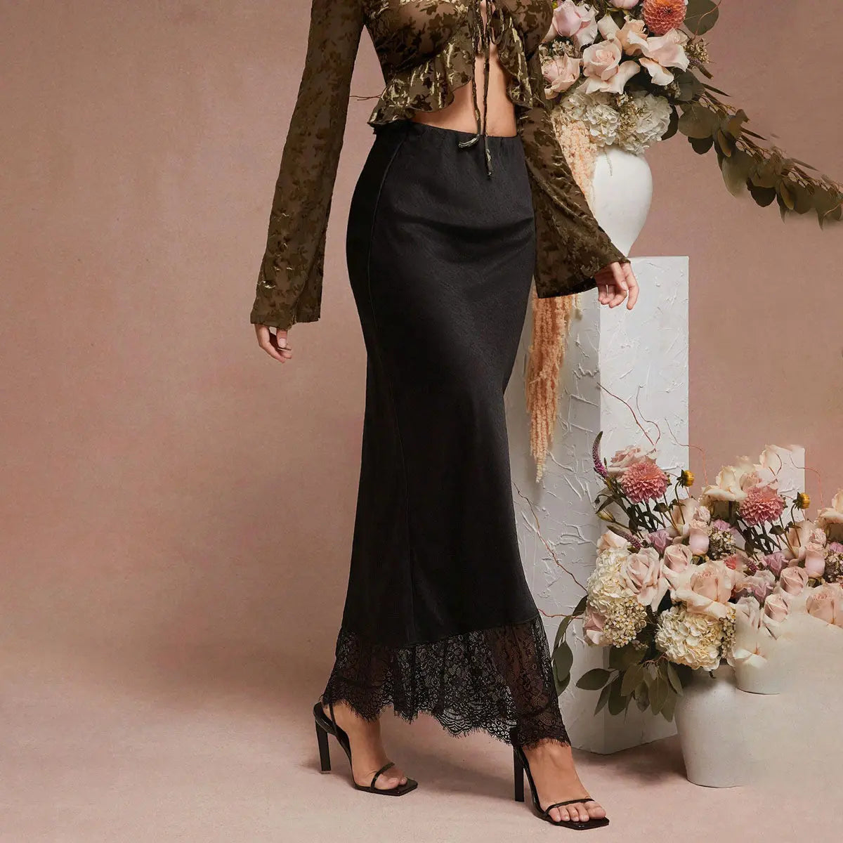 Elegant Satin Pencil Skirt With Lace Stitching For Socialite Women Bella Mia