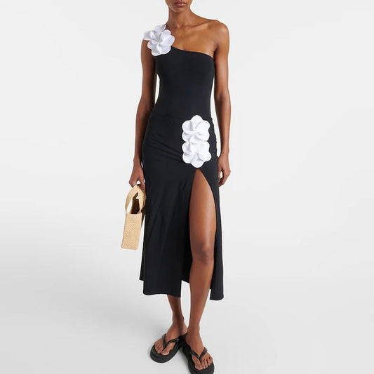 Black White Contrast Color Minimalist Floral Decoration Oblique Shoulder One Piece Swimsuit Women Clothing Bella Mia