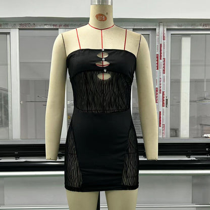 Summer Beaded Tube Top Dress Hollow Out Cutout Out Mesh Stitching See Through Sheath Sexy Short Dress Women