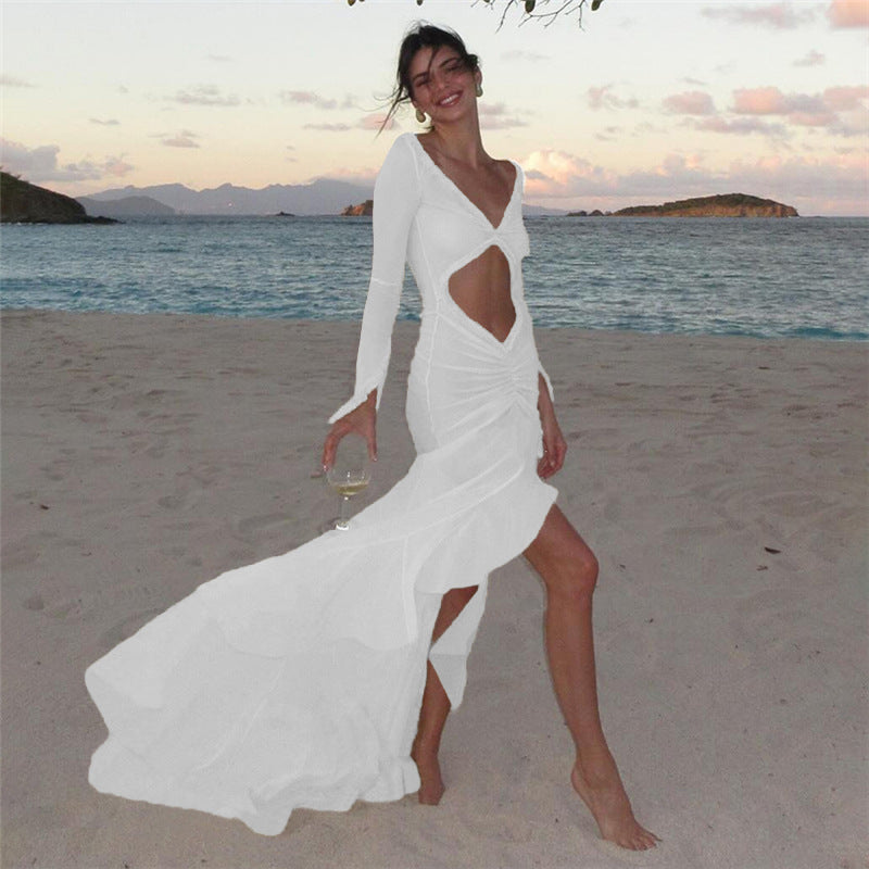 Summer Women Collection V neck See through Sexy L Hollow Out Cutout out Pleated Lace Slim Fit Dress Bella Mia