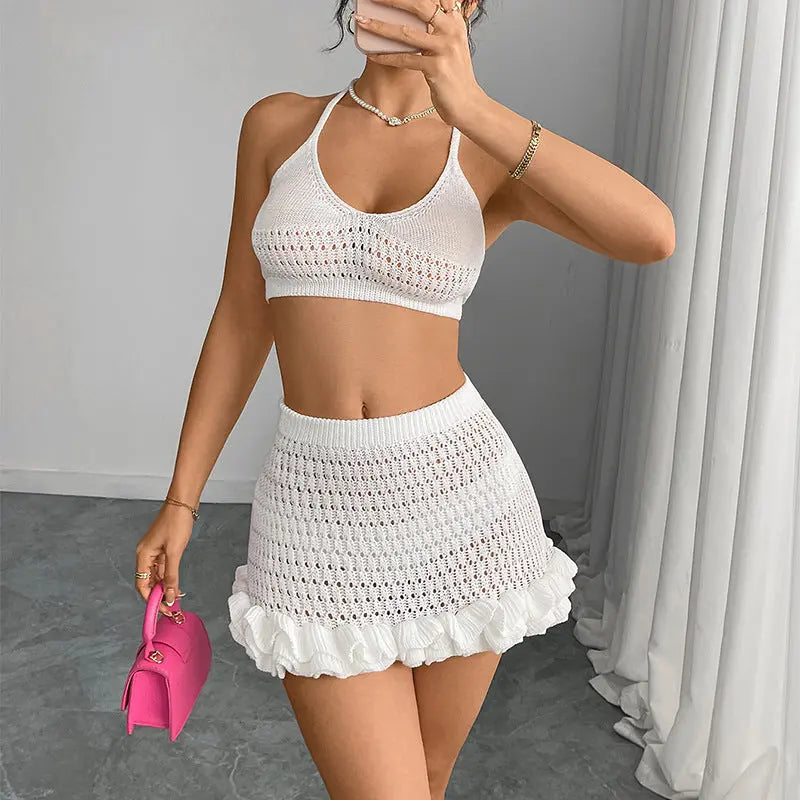 Summer Knitting Beach Dress Slim Fit Sexy Hip Lotus Leaf Bikini Two Piece Sets Women Bella Mia