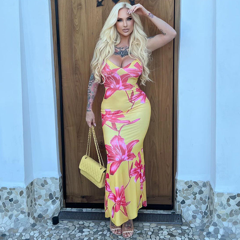 Women Clothing Summer Printed V neck Backless Suspenders Sexy Dress Bella Mia