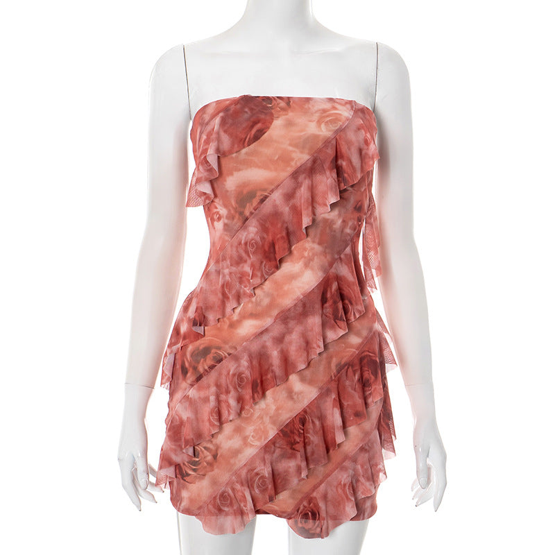 Women Clothing Spring Summer Ruffled Mesh Tube Top Mini Rose Print Sheath Dress Bella Mia