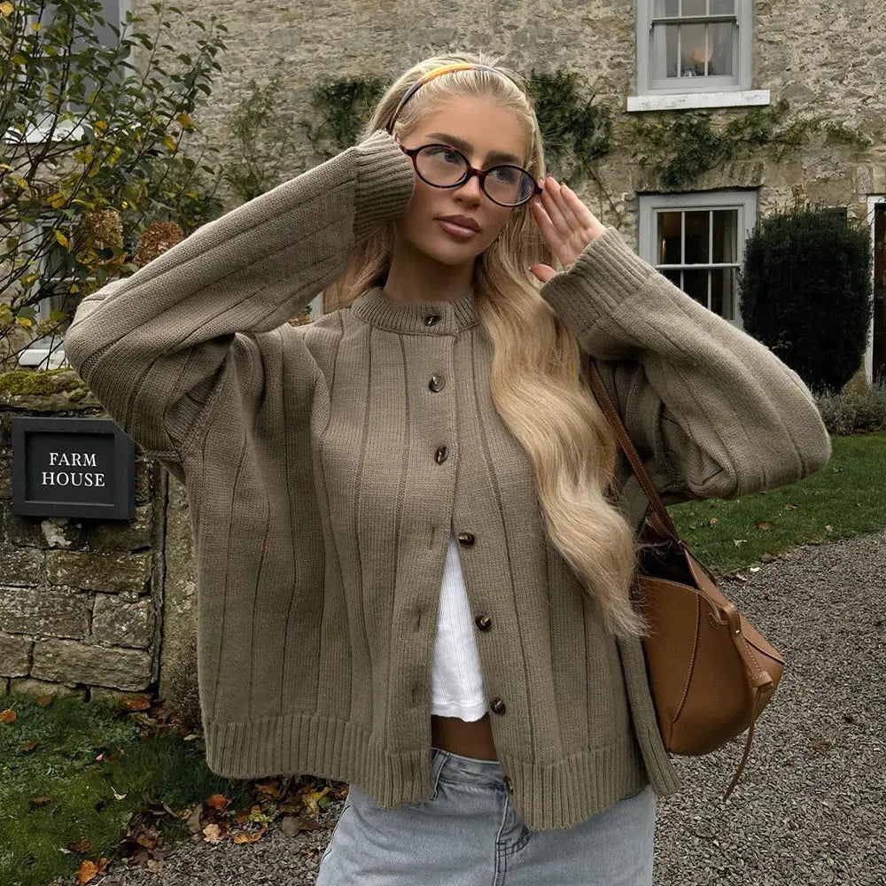 Loose Sweater Cardigan Autumn Winter Sunken Stripe round Neck Sweater Cardigan Knitted Cardigan Women Bella Mia