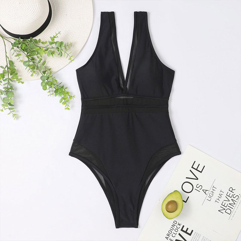 Solid Color Spun Yarn One Piece Swimsuit Women Deep V Plunge Sexy Spring Swimwear Bella Mia