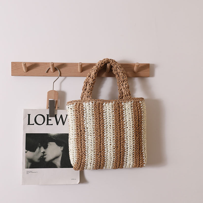 Vertical Stripes French Straw Bag Portable Contrast Color Straw Bag Woven Bag Women's Bag Seaside Vacation Beach Bag Bella Mia